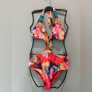 Zingara Colorful One Piece Swimsuit with turquoise embellishment  Sz 8 GUC